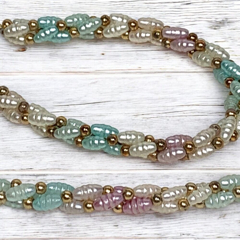 Genuine Pearl Necklace & Bracelet Set Pastel Colors Double Helix Gold Beads 18"L - Picture 2 of 5
